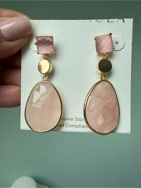 Panacea Rose Quartz Gold Tone Statement Drop Earrings Blush Pink NWT